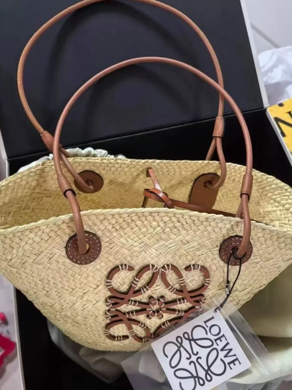 Loewe Anagram Leather Trim Raffia Open Top Tote Bag